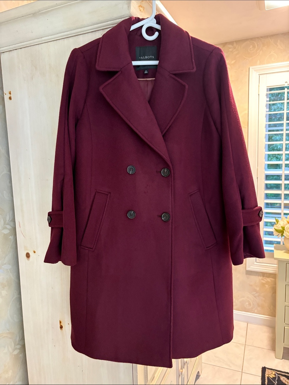 Talbots Wool Blend Double-Breasted Wine-Red Wool Pea Coat  Dark Tortoise Buttons